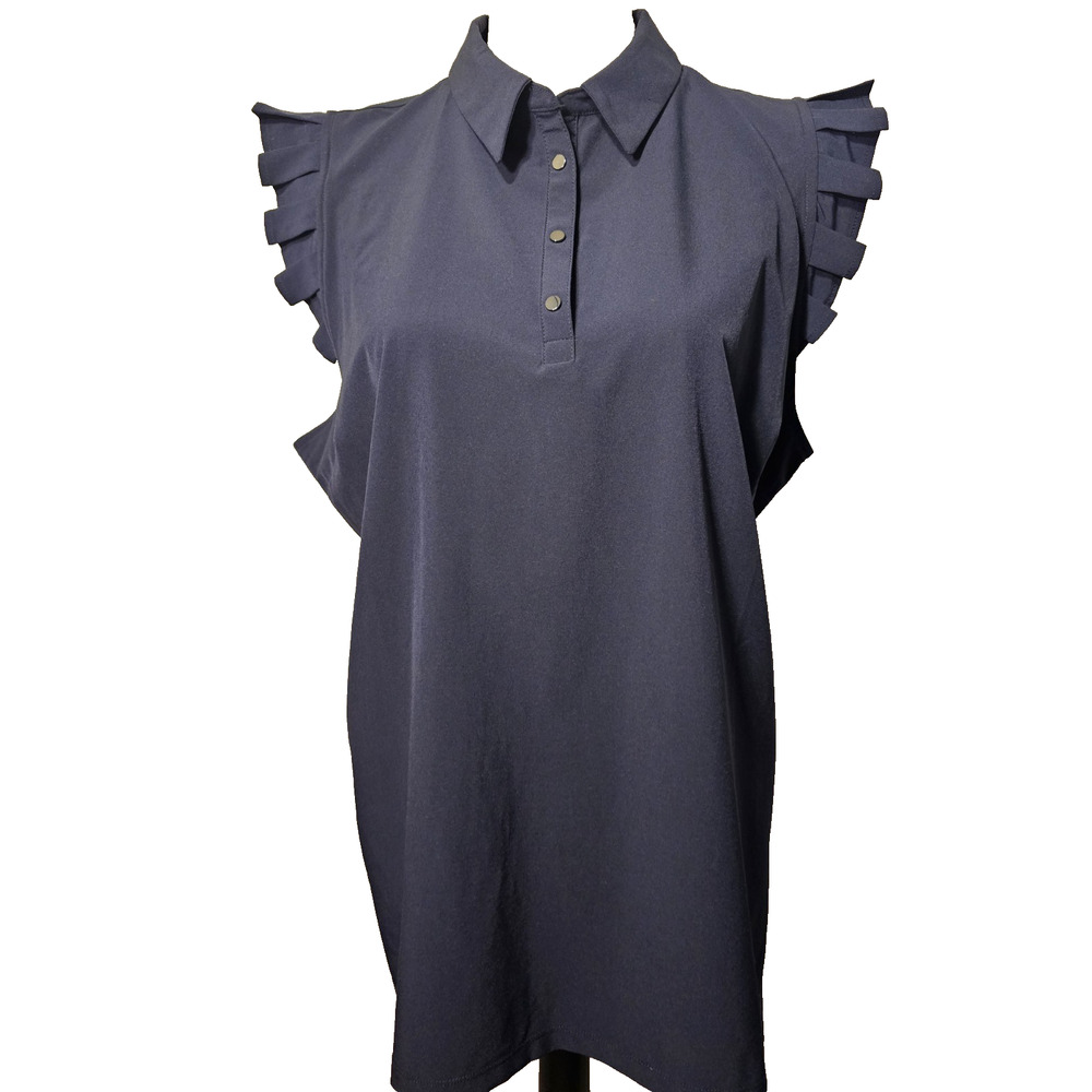 Chico's Blouse Top Womens (3) XL 16 Career Business Casual Dark Blue Ruffle Snap